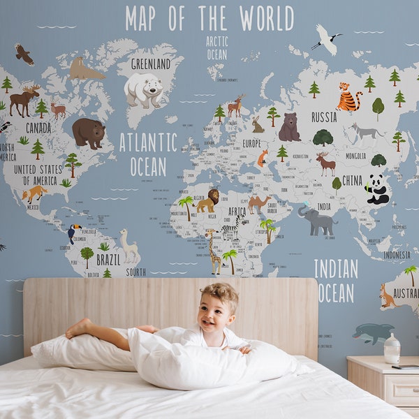 Child Map Wallpaper Peel and Stick Removable Self Adhesive World Map Wall Mural Little Animals Wallpaper Kids Room