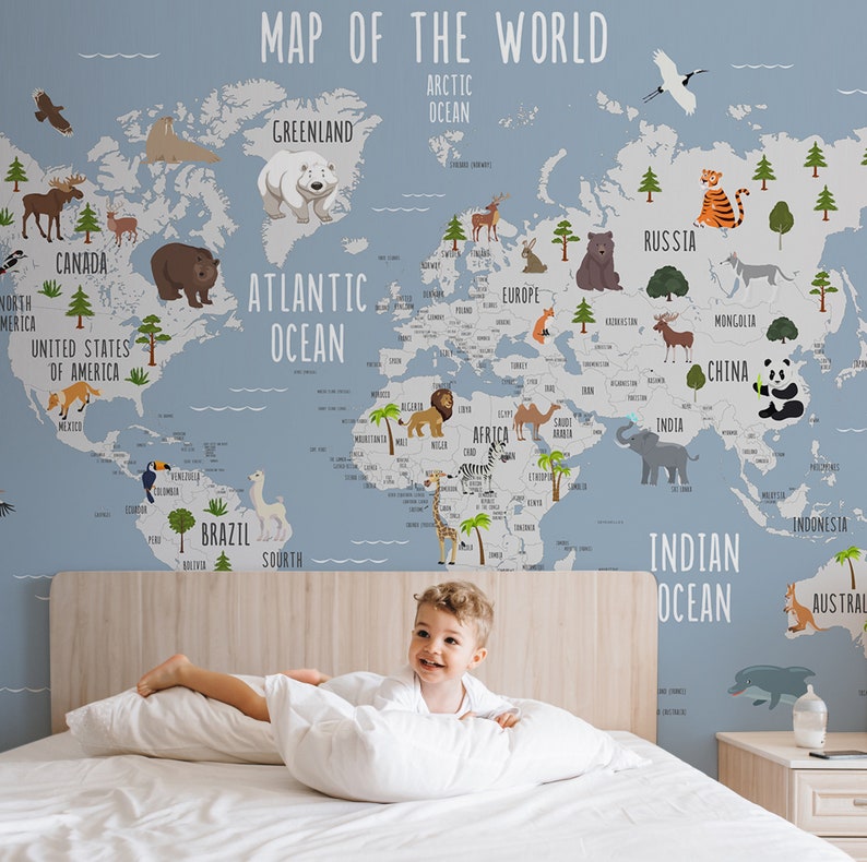 Child Map Wallpaper Peel and Stick Removable Self Adhesive World Map Wall Mural Little Animals Wallpaper Kids Room image 1