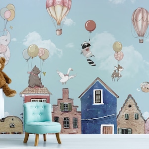 Kids Flying Animals Wallpaper | Hot Air Balloon Wall Mural | Peel and Stick