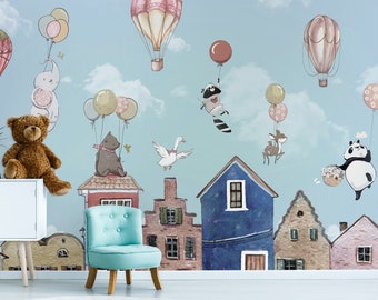 Kids Flying Animals Wallpaper | Hot Air Balloon Wall Mural | Peel and Stick