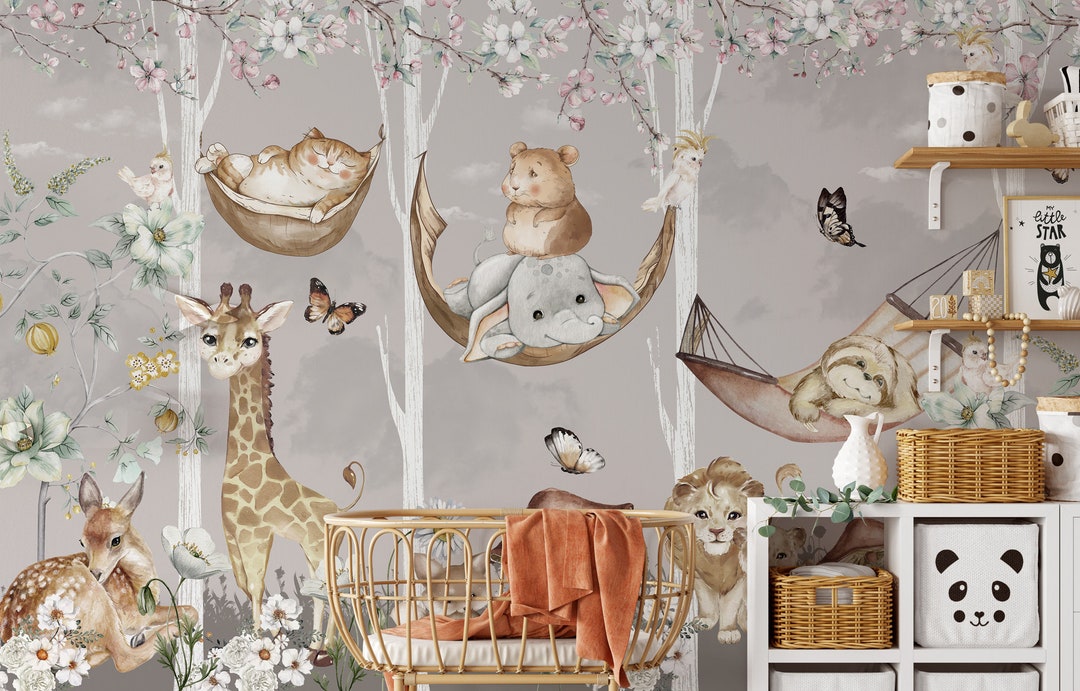 Boho Woodland Animals Peel and Stick Wallpaper | Kids Nursery Decor ...