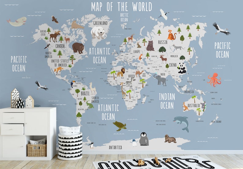 Child Map Wallpaper Peel and Stick Removable Self Adhesive World Map Wall Mural Little Animals Wallpaper Kids Room Light Blue
