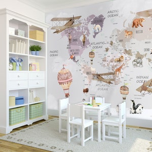 Kids Map Wallpaper Peel and Stick Kids World Map Wall Mural Educational Map Wallpaper image 8