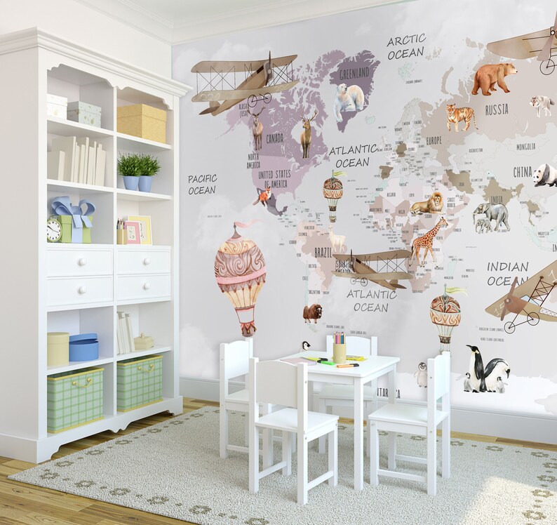 Kids Map Wallpaper Peel and Stick Kids World Map Wall Mural Educational Map Wallpaper image 8