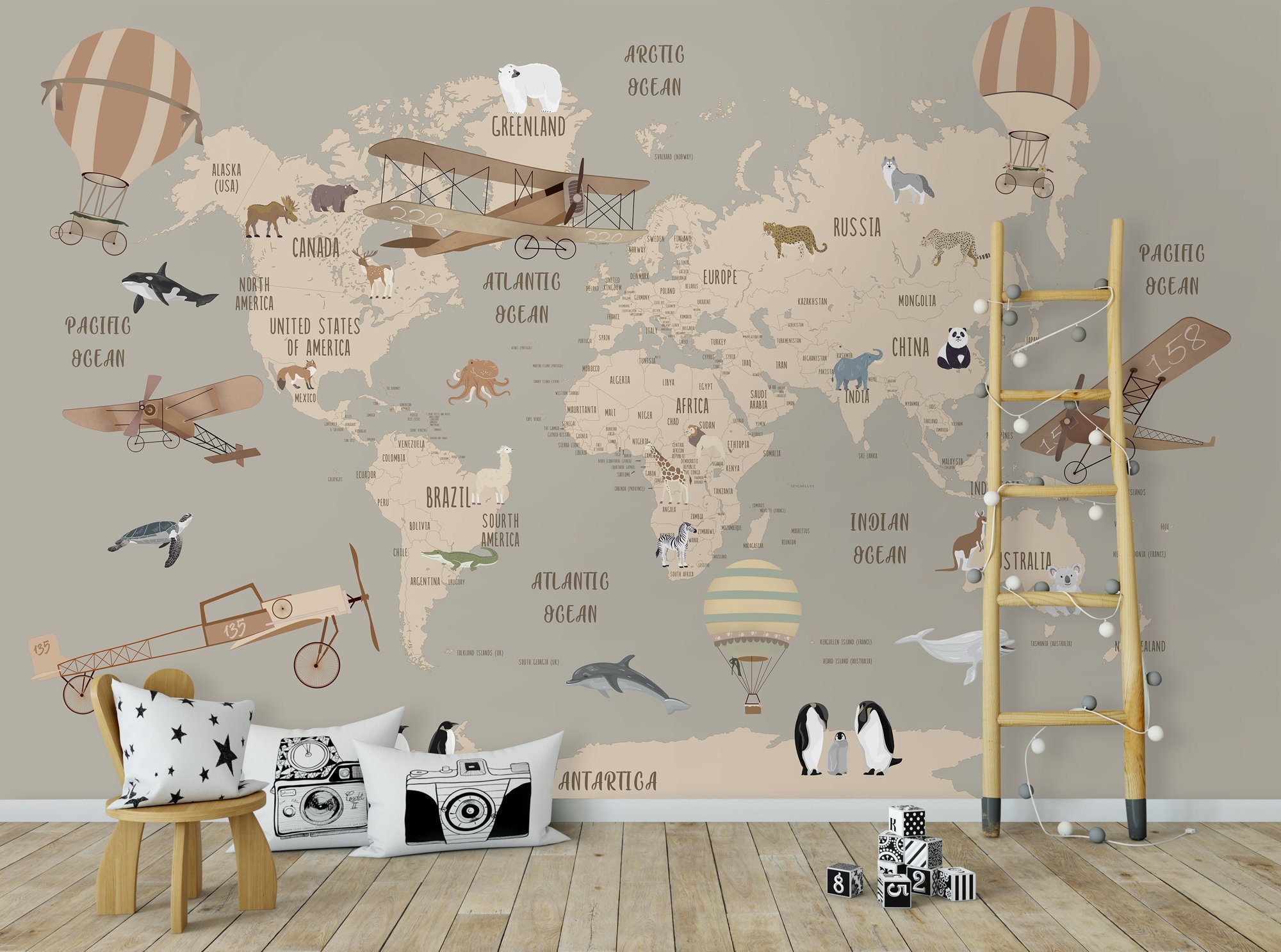 Kids Map Wallpaper Political World Map Wall Mural Hot Air Balloon
