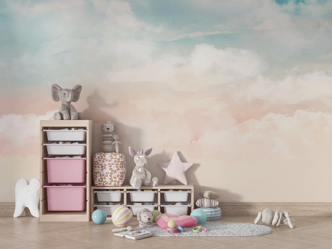 Kids Wallpaper Sky and Clouds Wall Mural Plain and Pastel Tones ...