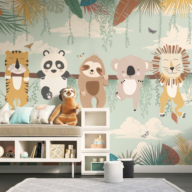 Nursery Safari Wallpaper | Kids Jungle Animals Wall Mural | Peel and ...