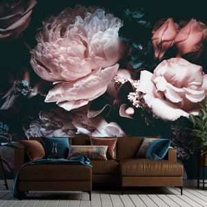 Large Dark Peony Floral Wallpaper Peel and Stick Dark Floral Wall Mural image 6