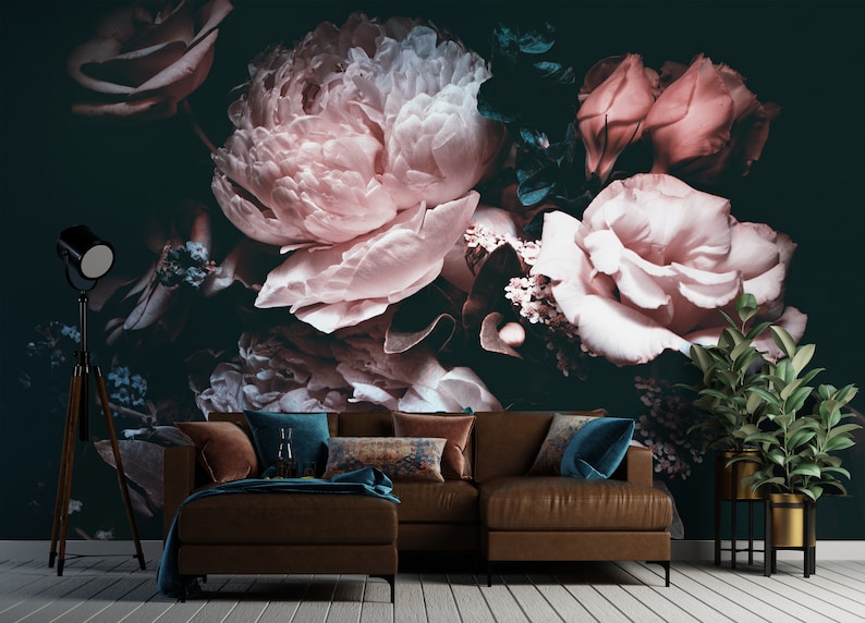 Large Dark Peony Floral Wallpaper Peel and Stick Dark Floral Wall Mural image 6