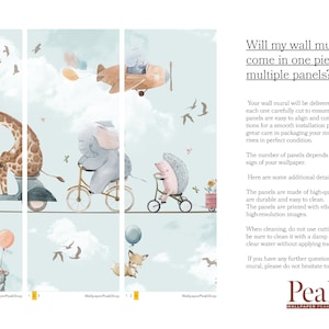 May include: A wall mural featuring a light blue sky with clouds and animals including a giraffe on a scooter, an elephant on a bicycle, a hedgehog on a tricycle, and a koala and fox with balloons. Text asks, Will my wall mural come in one piece or multiple panels?