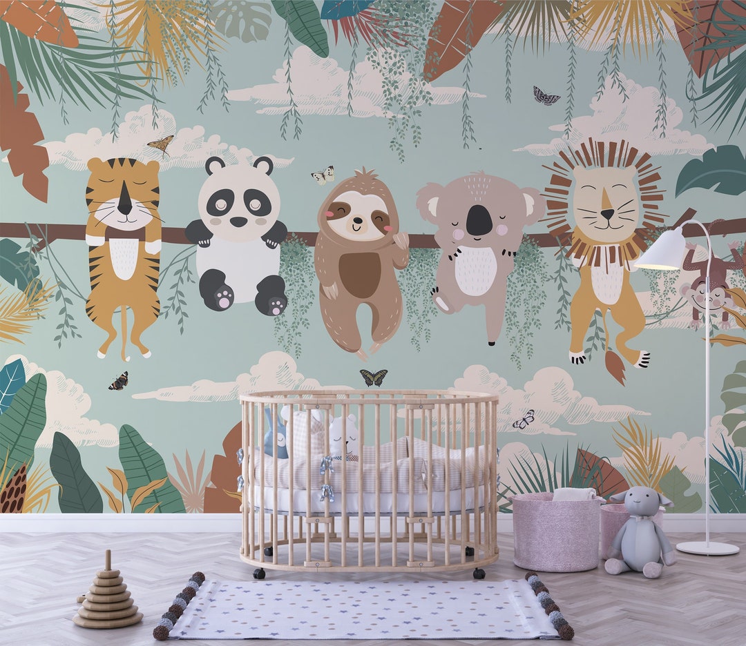 Nursery Safari Wallpaper | Kids Jungle Animals Wall Mural | Peel and ...