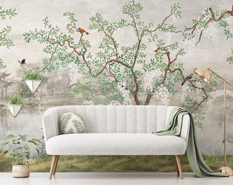 Chinoiserie Wallpaper Peel en Stick, verwijderbaar behang, Boho Floral Wall Mural