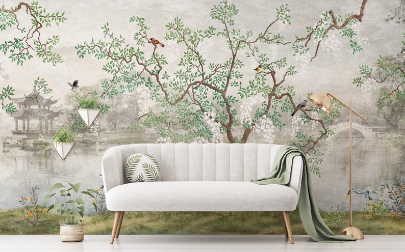 Chinoiserie Wallpaper Peel and Stick, Removable Wallpaper, Boho Floral Wall Mural image 1