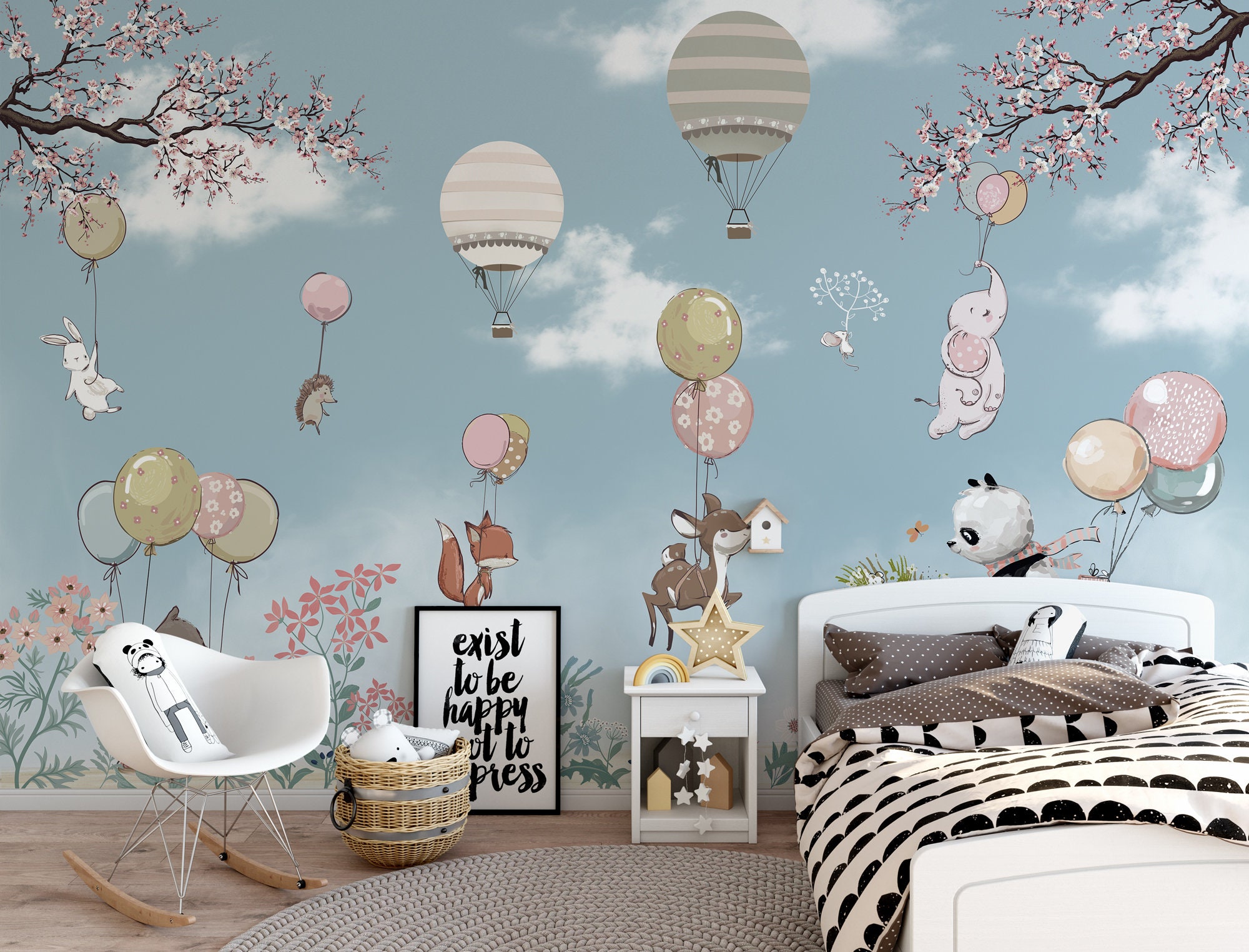 Flying Cute Animals Kids Wallpaper Hot Air Balloon Peel | Etsy