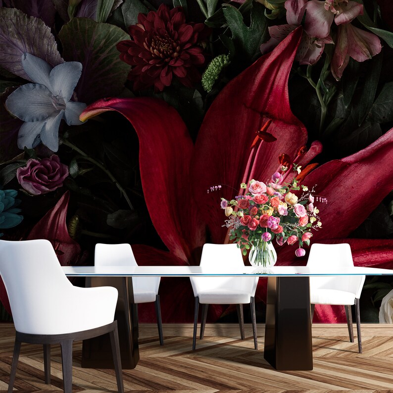 Dark Floral Wallpaper Peel and Stick Spring Flower Wall Etsy