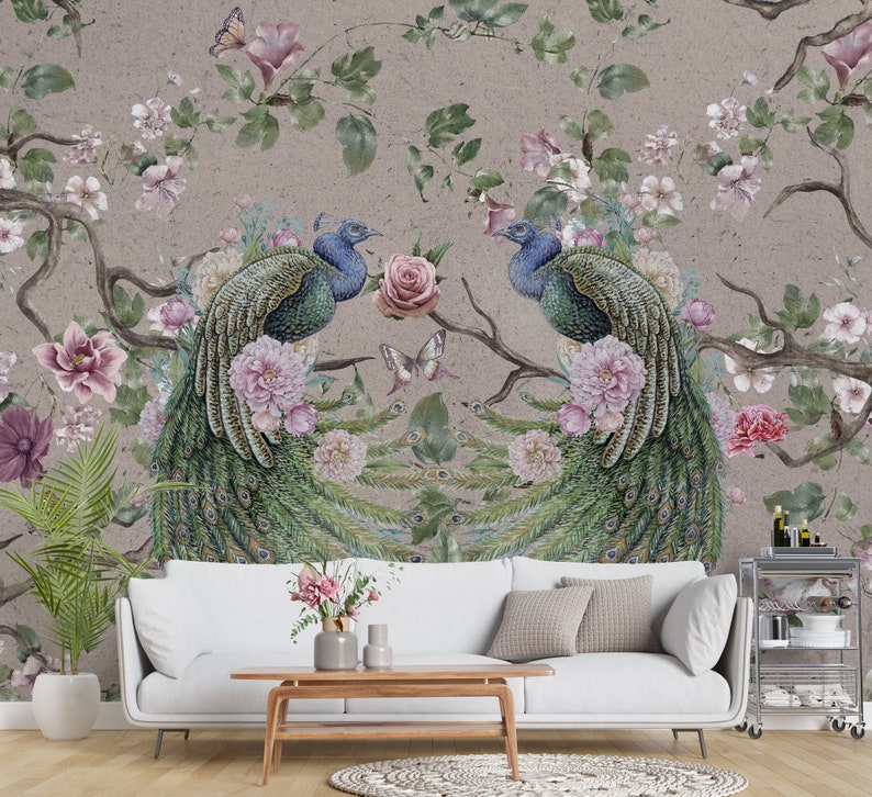 Peacock Wallpaper with Floral Wall Mural Peel and Stick Self | Etsy