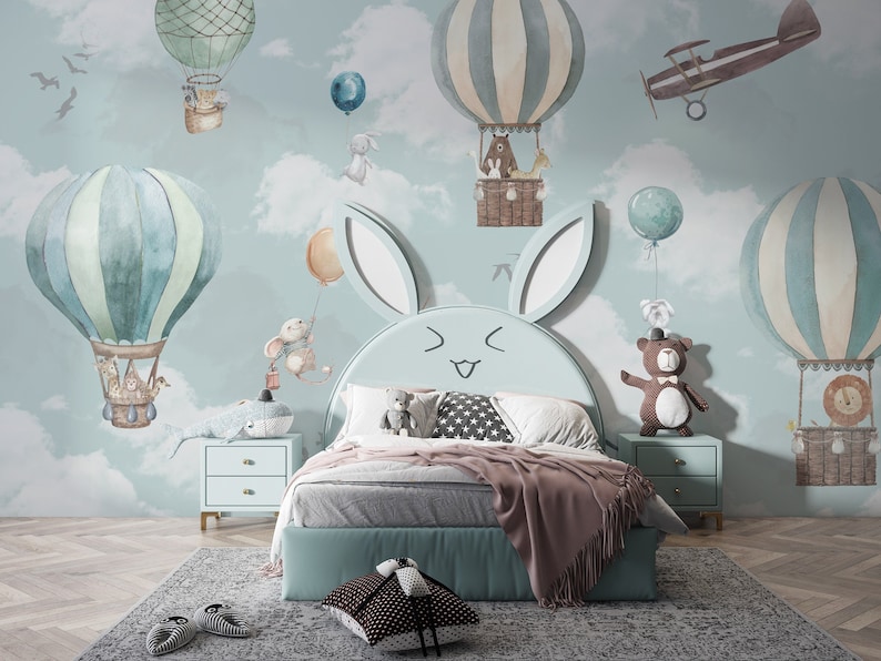 Kids Wallpaper Peel and Stick Kids Animals with Hot Air Balloon Wall Mural image 7