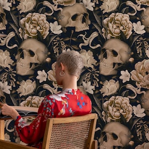 Dark Floral with Skull Wallpaper | Peel and Stick | Dark Floral Wall Mural | Gothic Flower Wallpaper