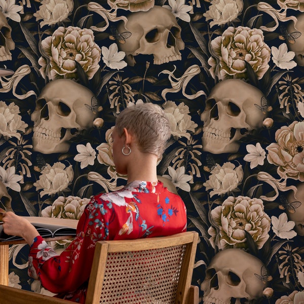 Dark Floral with Skull Wallpaper | Peel and Stick | Dark Floral Wall Mural | Gothic Flower Wallpaper