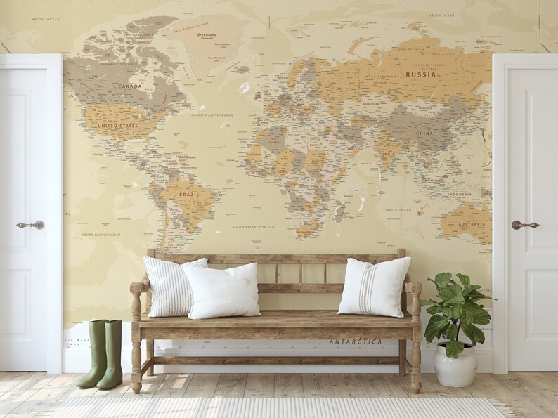 World Map Wallpaper Peel and Stick Soft Political Map Wall Etsy