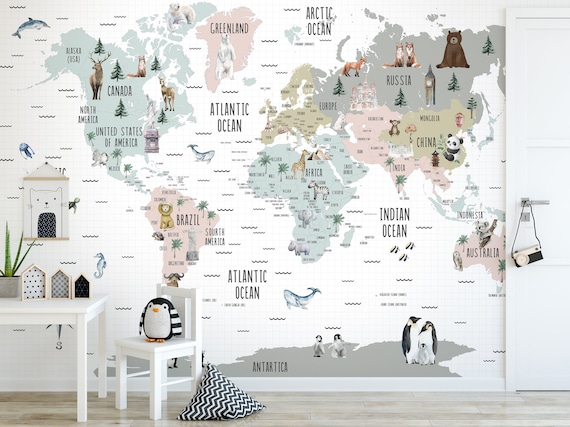 Kids Map Wallpaper World Famous Icons Animals Wall Mural Self Adhesive Removable Nursery Kids Room