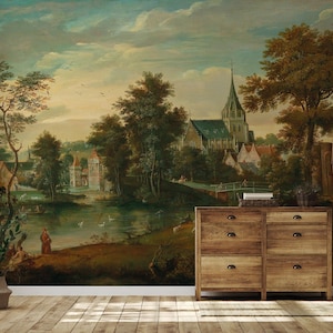 Rural Painting Wallpaper Peel and Stick, Vintage Historical Scenic Wall Mural, Landscape Wallpaper, Removable Wallpaper