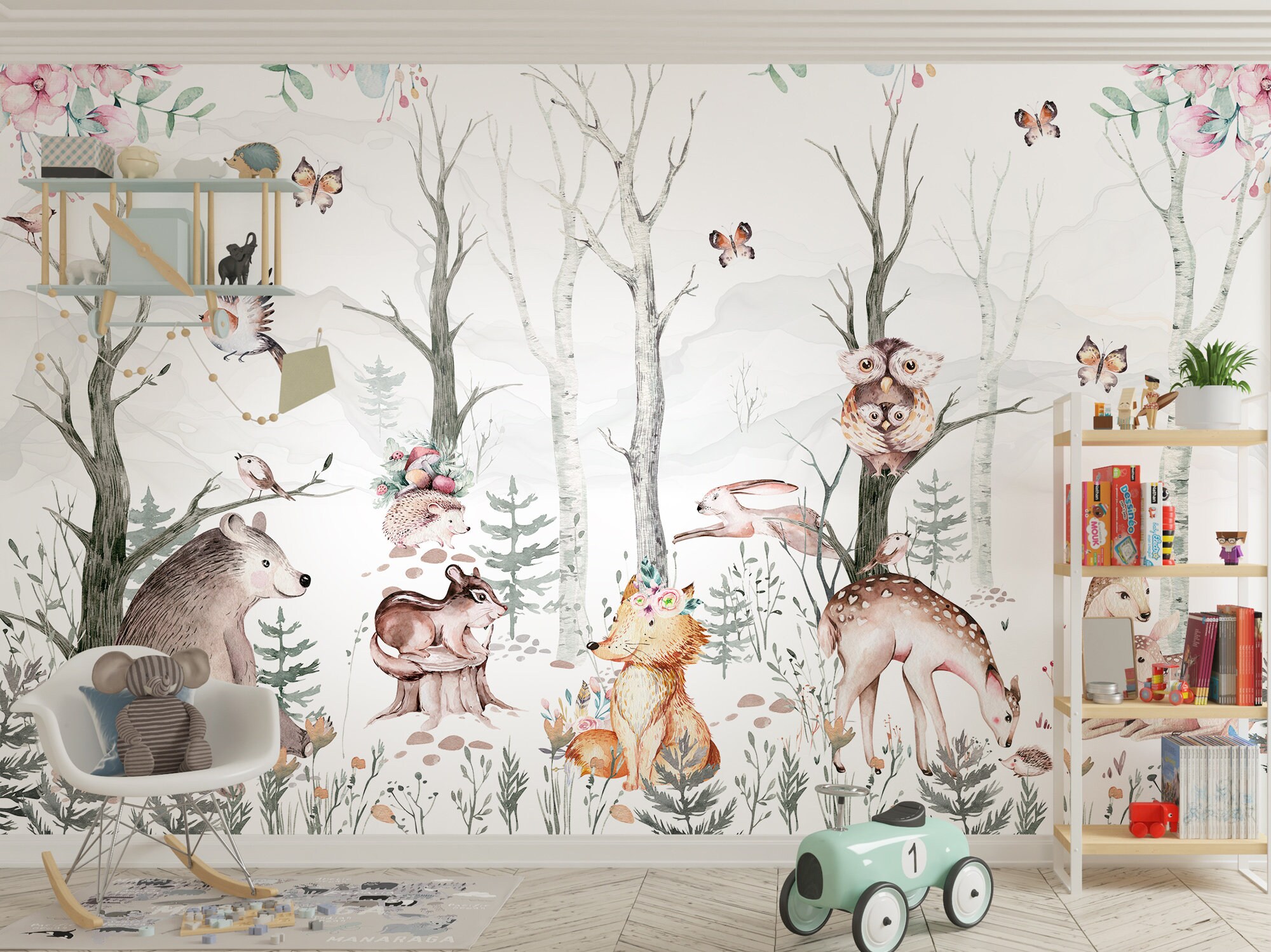 Kids Forest Wallpaper Woodland Animals Wall Mural Peel and Stick
