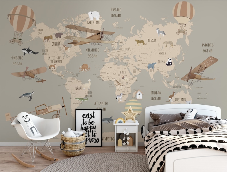 May include: A light brown and beige world map wallpaper with a whimsical design featuring animals, hot air balloons, and airplanes. The map includes the continents of North America, South America, Europe, Asia, Africa, Australia, and Antarctica. The wallpaper is perfect for a child's bedroom or playroom.