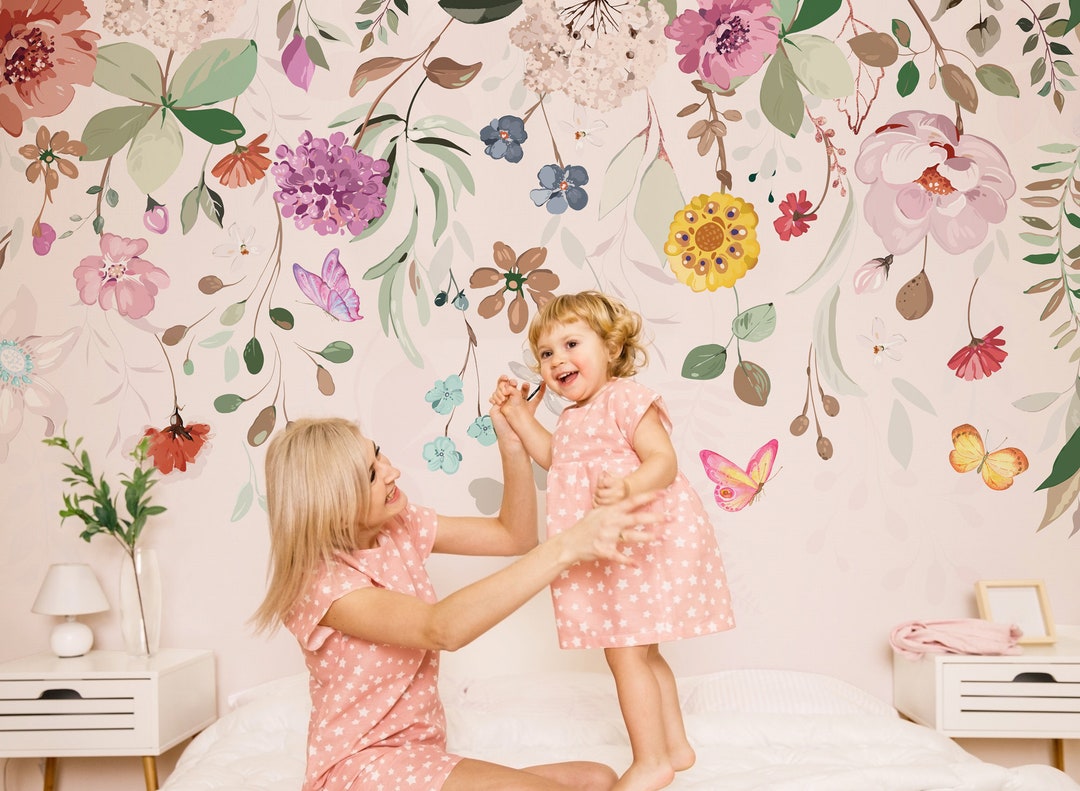 Kids Floral Wallpaper Peel and Stick Spring Floral Wallpaper Watercolor ...