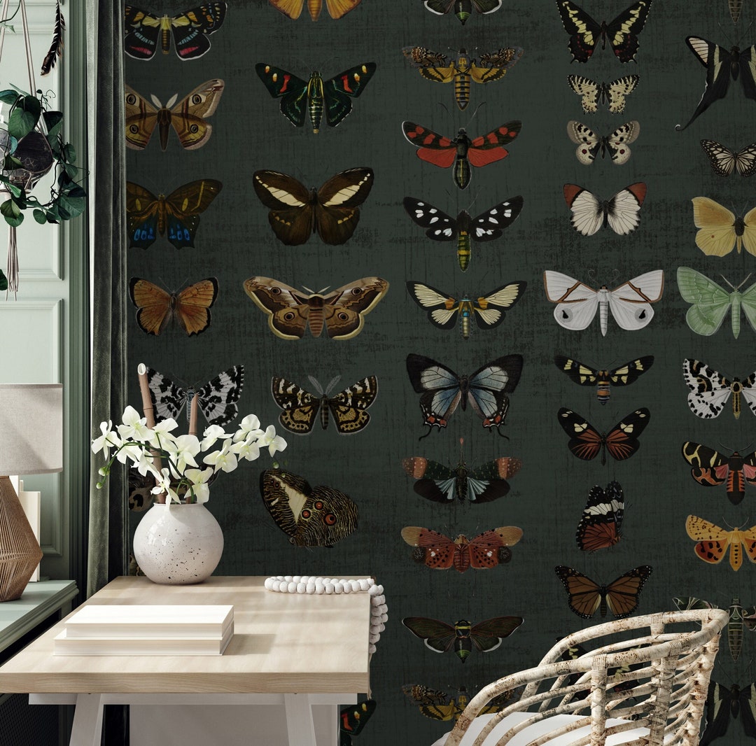 Dark Botanical Butterfly Wallpaper Mural | Vintage Green Removable ...