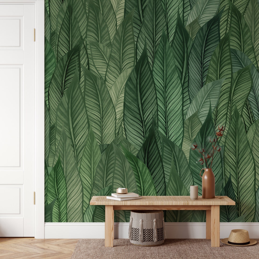 Green Tropical Leaves Peel and Stick Wallpaper | Nature Wall Mural ...