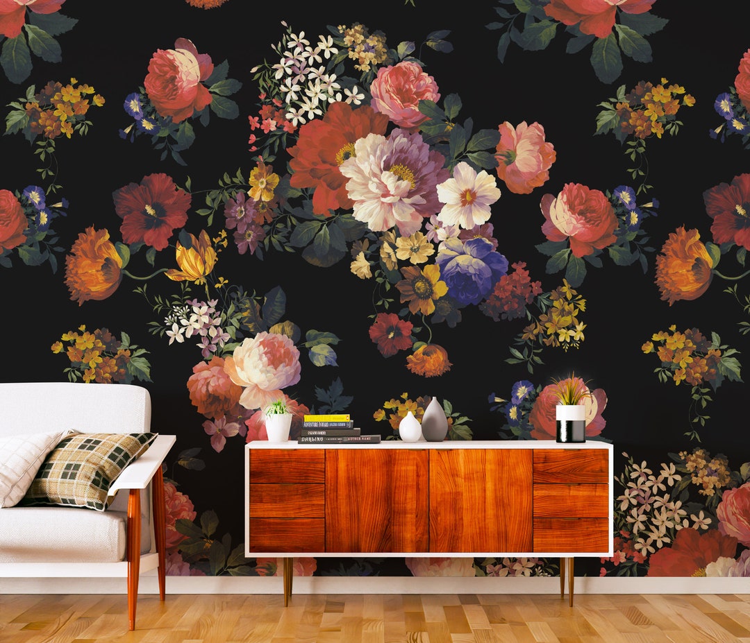 Dark Floral Wallpaper Peel and Stick | Peony Rose Wall Mural - Etsy
