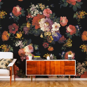 Dark Floral Wallpaper Peel and Stick | Peony Rose Wall Mural