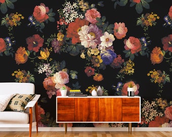 Papel pintado floral oscuro autoadhesivo / Mural de pared de rosas peonías