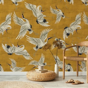 Yellow Crane Birds Wallpaper, Peel and Stick, Vintage Crane Birds Wall Mural, Removable Wallpaper, Chinese Birds Wall Mural, Heron Wallpaper zdjęcie 8