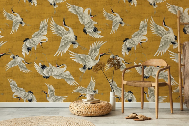 Yellow Crane Birds Wallpaper, Peel and Stick, Vintage Crane Birds Wall Mural, Removable Wallpaper, Chinese Birds Wall Mural, Heron Wallpaper zdjęcie 8