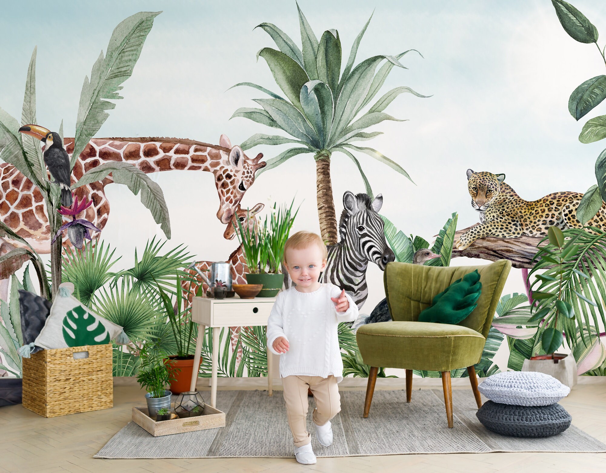 Kids Wallpaper Peel and Stick Safari Animals Wall Mural | Etsy