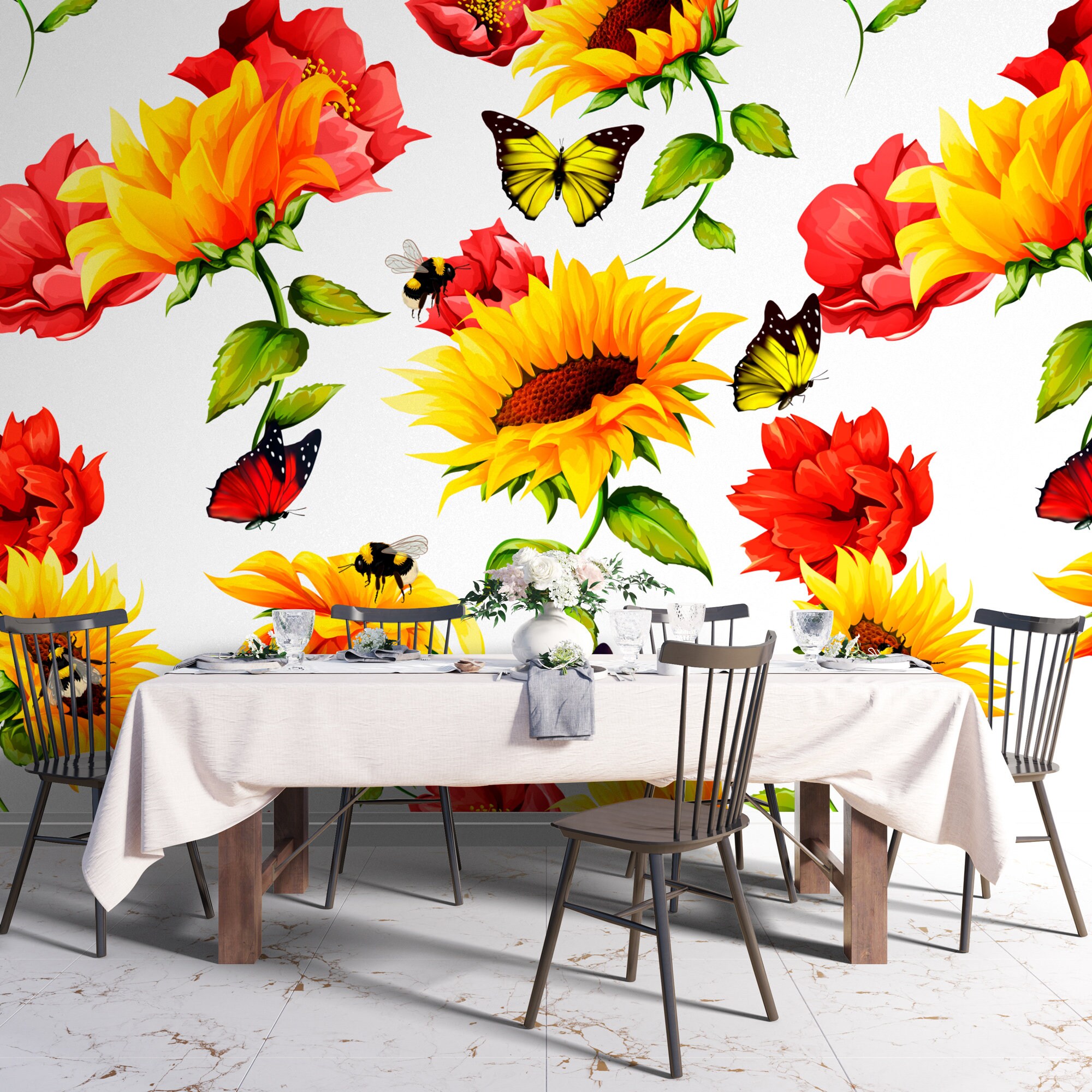 Floral Wallpaper Sunflower Wallpaper Removable Self Etsy