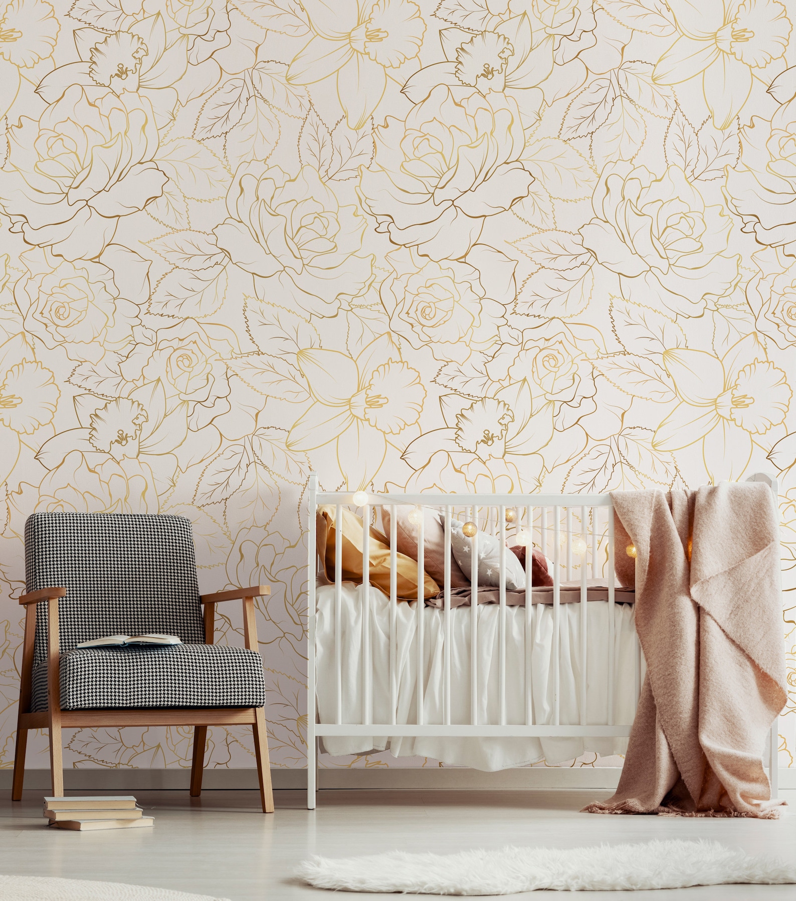 Minimalist Gold Floral Wallpaper | Modern Rose Line Art Mural | Elegant ...