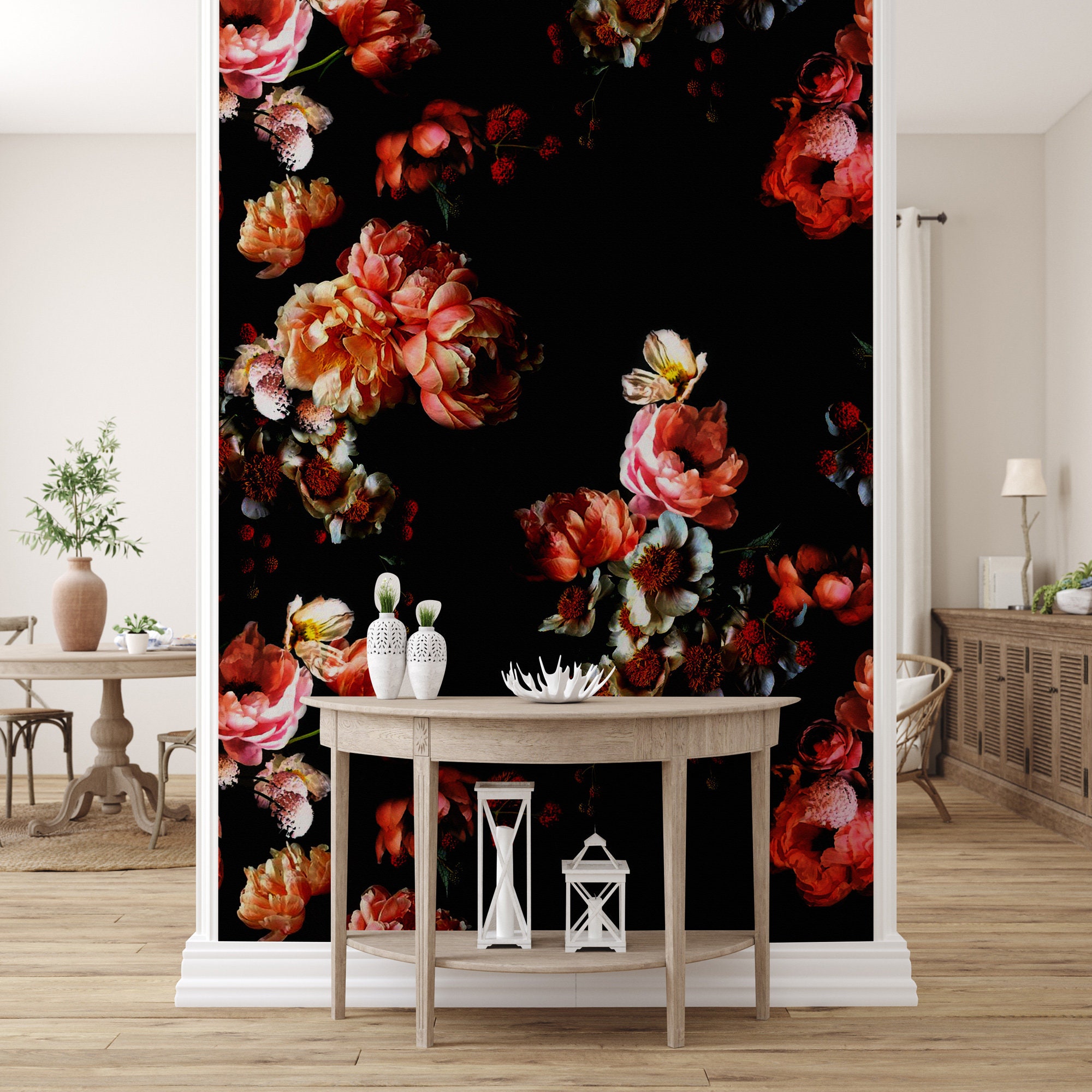 Dark Floral Wall Mural Black Flowers Peel and Stick Self Etsy