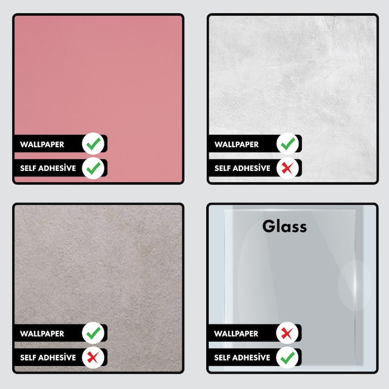 Peut inclure: Une grille &agrave; quatre panneaux montrant la compatibilit&eacute; des surfaces pour le papier peint et les produits auto-adh&eacute;sifs. Les panneaux pr&eacute;sentent une surface rose unie, une surface blanche textur&eacute;e, une grise textur&eacute;e et du verre.