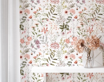Watercolor Wildflower Wallpaper | Botanical Floral Wall Mural | Removable Wallpaper