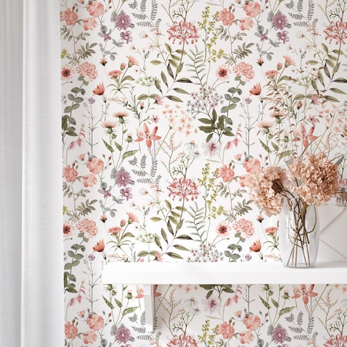 Papel pintado de acuarela con flores silvestres / Mural botánico floral para pared / Papel pintado removible