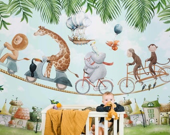 ACROBAT ANİMALS | Kids Wallpaper Peel and Stick | Watercolor Village Wallpaper with Animals Riding on a Rope Wall Mural