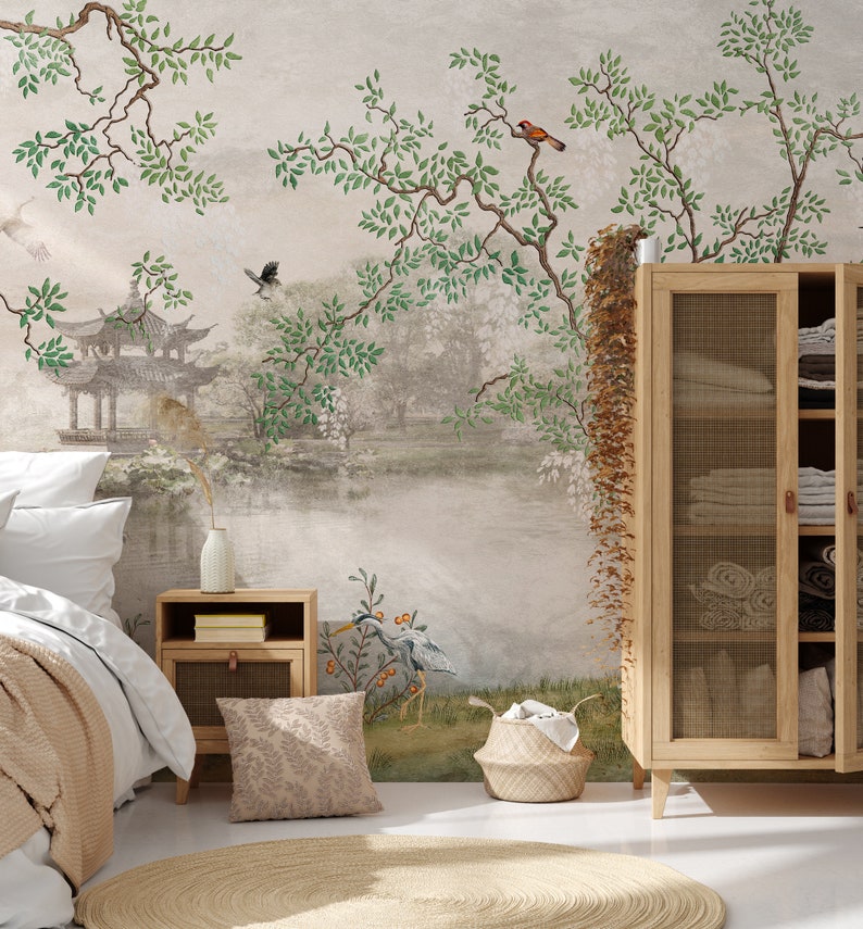 Chinoiserie Wallpaper Peel and Stick, Removable Wallpaper, Boho Floral Wall Mural image 5