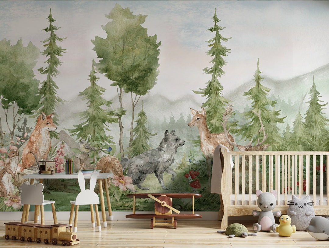Kids Forest Wallpaper Peel and Stick Pine Tree With Woodland Animals