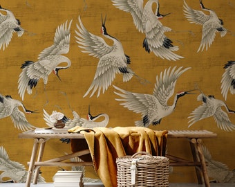 Yellow Crane Birds Wallpaper, Peel and Stick, Vintage Crane Birds Wall Mural, Removable Wallpaper, Chinese Birds Wall Mural, Heron Wallpaper