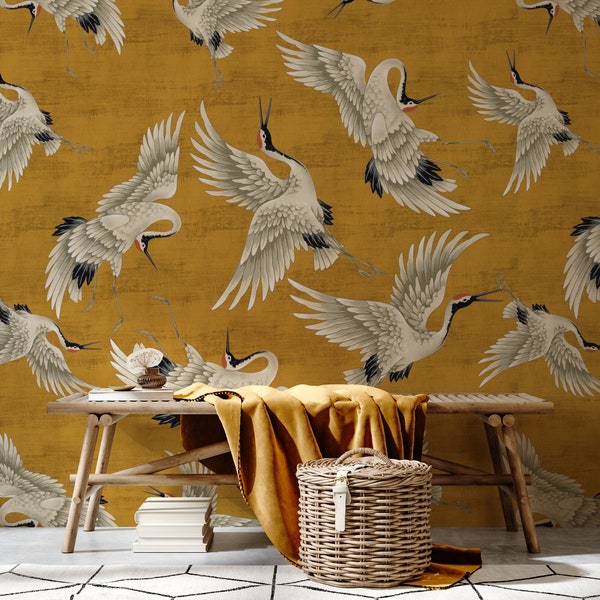 Yellow Crane Birds Wallpaper, Peel and Stick, Vintage Crane Birds Wall Mural, Removable Wallpaper, Chinese Birds Wall Mural, Heron Wallpaper