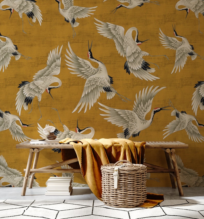 Yellow Crane Birds Wallpaper, Peel and Stick, Vintage Crane Birds Wall Mural, Removable Wallpaper, Chinese Birds Wall Mural, Heron Wallpaper zdjęcie 1