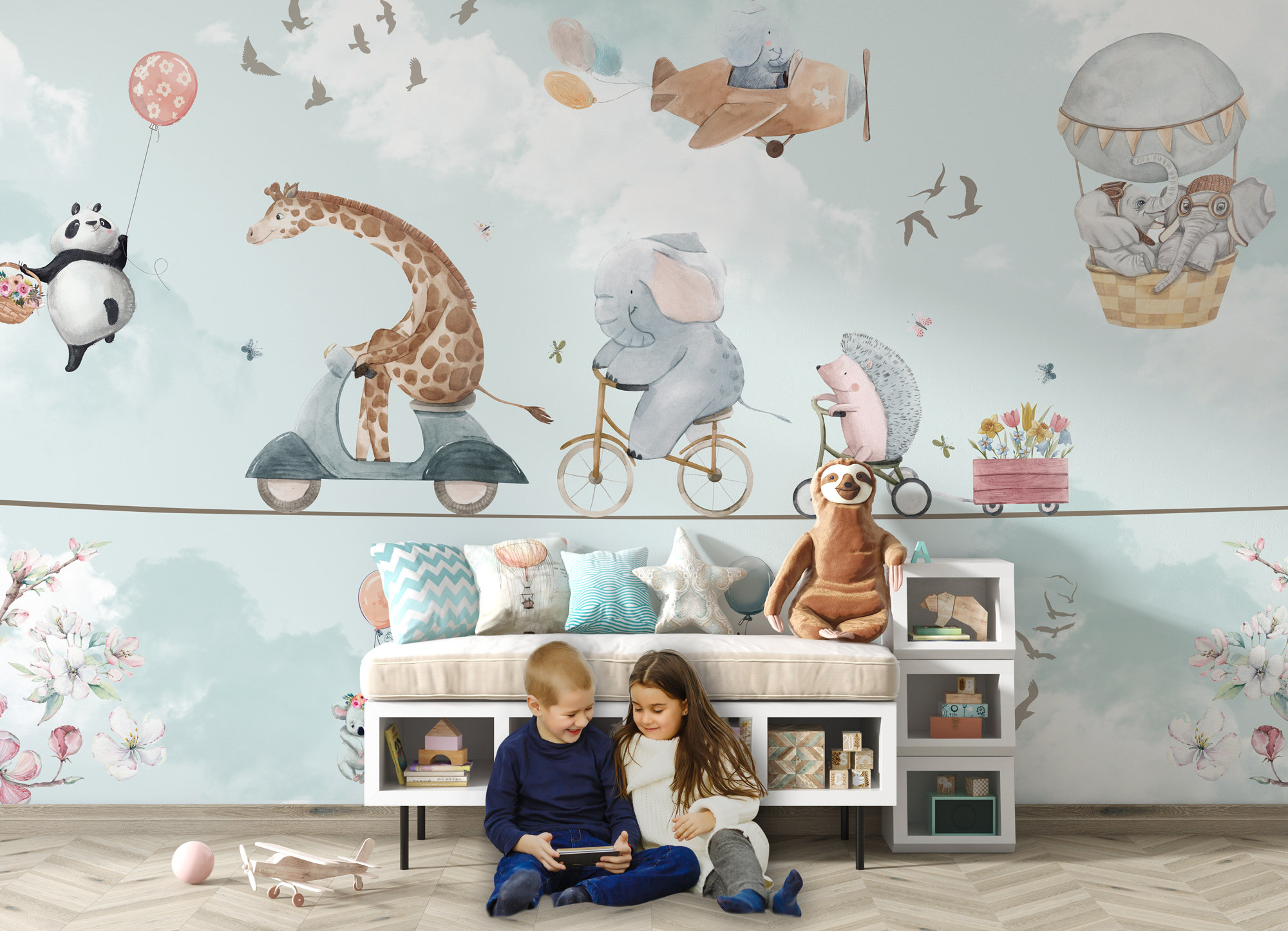 Flying Animals Kids Wallpaper Hot Air Balloon Peel and Stick Self